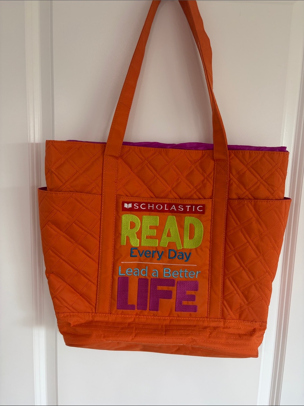 Scholastic Orange Quilted Tote with Multicolor READ & LIFE Embroidery